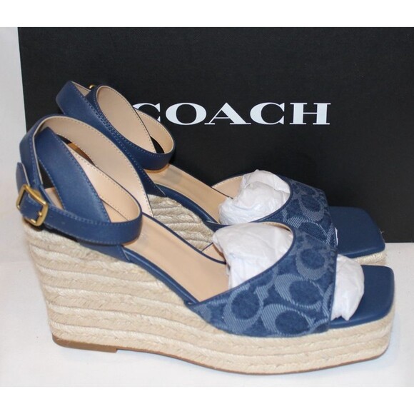 COACH WOMEN'S SIGNATURE C ESPADRILLE WEDGE SANDALS DEEP BLUE SZ 8.5 NIB - Picture 3 of 8